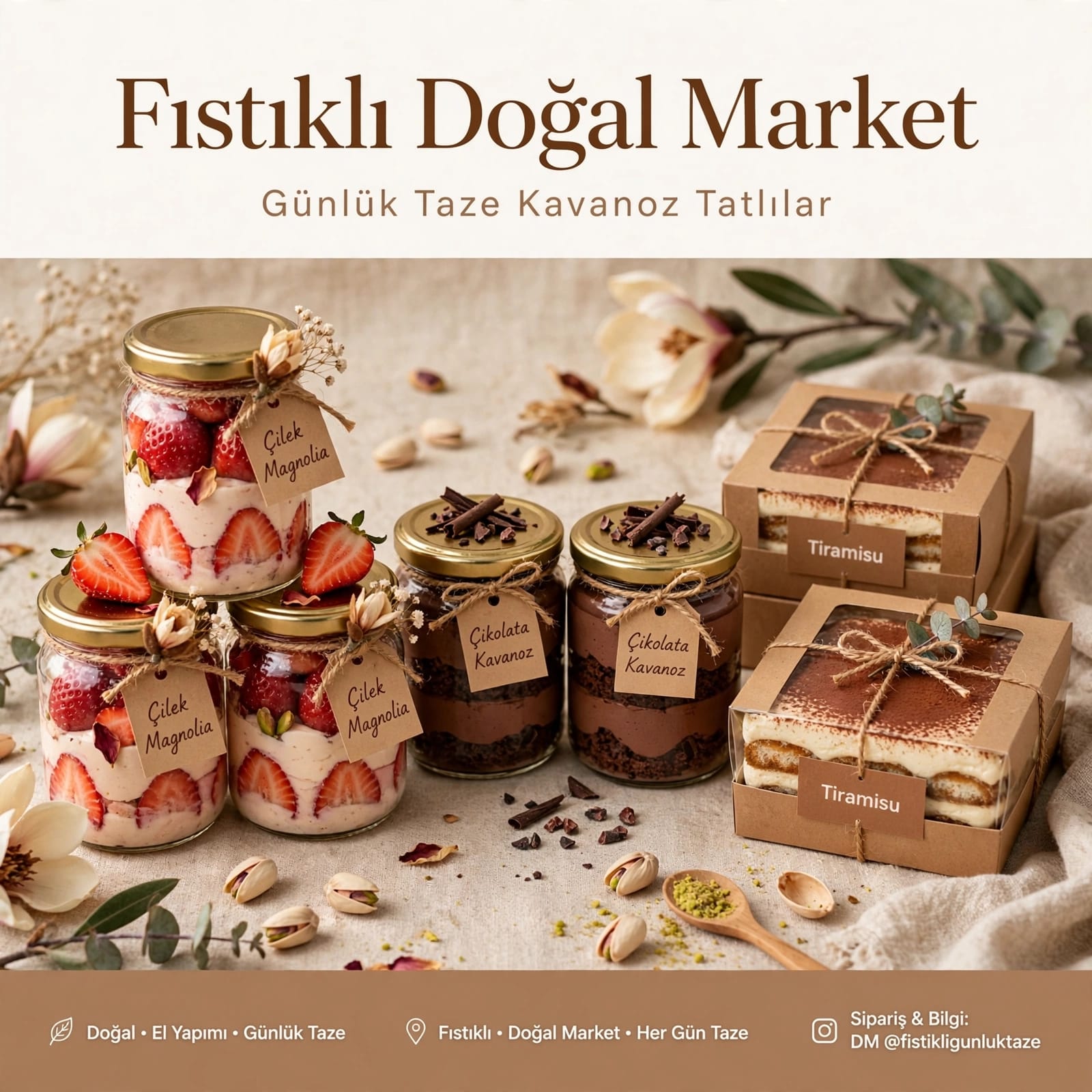 Fıstıklı Doğal Market günlük taze kavanoz tatlılar afişi: çilek magnolia, çikolata kavanoz ve tiramisu